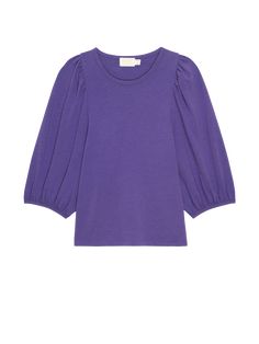 A classic crewneck with a twist: balloon sleeves. Our advice? Get every color. (This one comes in Bright Violet.) | Evita Top in Bright Violet | Ethical Essentials Everyday Puff Sleeve Tops For Fall, Chic Relaxed Fit Puff Sleeve Top With Crew Neck, Chic Relaxed Fit Crew Neck Puff Sleeve Top, Oversized Puff Sleeve Top With Gathered Sleeves, Oversized Tops With Gathered Puff Sleeves, Spring Crew Neck Puff Sleeve Top With Gathered Sleeves, Fall Puff Sleeve Top With Balloon Sleeves, Fall Balloon Sleeve Puff Top In Relaxed Fit, Solid Color Cotton Puff Sleeve Top With Crew Neck