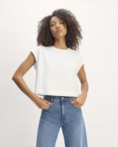 The Organic Cotton Cropped Muscle Tee Relaxed Fit Cropped T-shirt For Everyday, Boxy Fit Cotton Cropped Shirt With Crew Neck, Boxy Cotton Cropped Shirt For Everyday, Boxy Fit Cotton Cropped Shirt For Everyday, Casual Cotton Short Sleeve Top With Cap Sleeves, Spring Crew Neck Crop Top With Relaxed Fit, Casual Cotton Crew Neck Cropped Shirt, Relaxed Fit Cotton Top With Cropped Hem, Relaxed Fit Cotton Tops With Cropped Hem