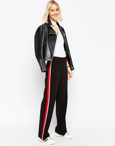 Image 1 of ASOS Wide Leg Pant with Side Stripe Black Pants With Red Stripe On Side, Fashion Week Street Style Outfits, Abbey Clancy, Camila Morrone, New York Fashion Week Street Style, Pantalon Large