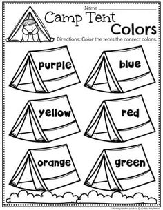 the camp tent colors worksheet is shown in black and white, with four different tents