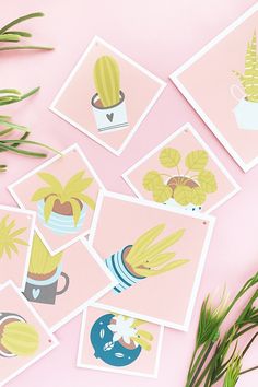 some cards with plants on them sitting next to a plant