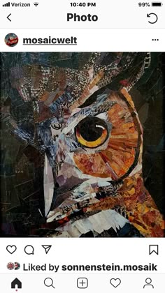 an owl with yellow eyes is shown on the instagramtures page, and has been altered to look like it's made out of newspaper paper