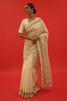 Ivory chanderi saree with mosaic jaal and resham applique hand embroidery. Comes with an unstitched blouse piece. - Aza Fashions Chanderi Pre-draped Saree With Intricate Embroidery, Cream Anarkali Blouse With Traditional Drape, Formal Blouse Piece With Resham Embroidery For Navratri, Formal Resham Embroidery Blouse Piece For Navratri, Traditional Drape Art Silk Blouse Piece In Cream, Festive Cream Pre-draped Saree With Cutdana, Formal Unstitched Saree With Intricate Embroidery, White Pre-draped Saree With Zari Work, Festive Cream Blouse Piece In Traditional Drape