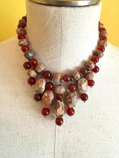 SO cool agate chunky heavy necklace. Beautiful stones, earthtone colors. Marked 925 on the chain. High end fabulous piece. Vintage Brown Agate Necklace, Brown Vintage Agate Necklace, Vintage Jasper Jewelry With Natural Stones, Red Vintage Necklace With Natural Stones, Red Vintage Necklaces With Natural Stones, Vintage Red Agate Necklace, Vintage Red Necklaces With Natural Stones, Unique Red Jasper Necklaces, Red Jasper Necklaces