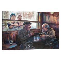 an oil painting of two men sitting at a table drinking beer and talking to each other