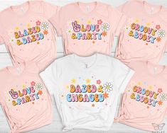 six t - shirts with the words dazed engaged printed on them, all in different colors