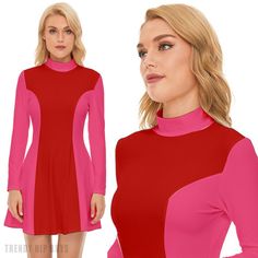 Indulge in the nostalgic allure of our 60s Dress Style with this striking Red and Pink Mod Dress. This GOGO Dress is a vibrant representation of the iconic 60s fashion, featuring a captivating color block design in shades of Red and Pink. Crafted from luxurious 100% polyester velour material, this Retro Dress not only pays homage to the past but also ensures a comfortable and stylish fit for the modern wearer. The turtle neckline and princess-style bodice add a touch of sophistication, making it Dress 60s Style, 60s Fashion Dresses, 60s Mini Dress, Gogo Dress, 60s Style, Color Block Dress, Vintage Inspired Fashion, Dress Retro, 60s Dress