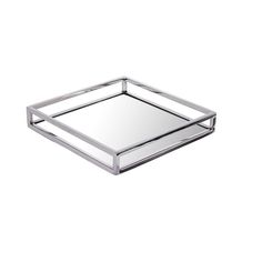 a square glass tray with silver trim on the bottom and sides, in front of a white background