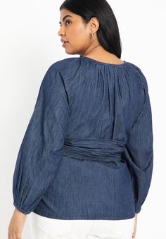 Dramatic Faux Wrap Top | Eloquii Long Sleeve Tops With Elastic Waistband And Relaxed Fit, Casual Faux Wrap Top For Fall, Versatile Tops With Elastic Waistband For Spring, Casual Long Sleeve Faux Wrap Top, Casual Long Sleeve Wrap Top For Work, Relaxed Fit Tops With Elastic Waistband For Fall, Casual V-neck Blouse With Elastic Waistband, Fitted Long Sleeve Wrap Top, Casual, Fall Long Sleeve Blouse With Tie Waist