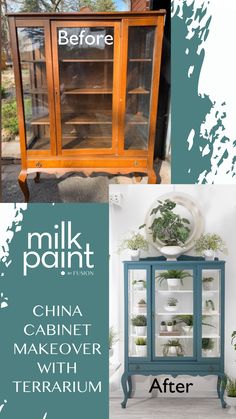 the before and after photos of an old china cabinet painted teal with chalk paint