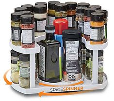 a spice rack with spices and seasonings on it's sides, labeled spice spinner