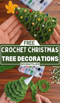 crochet christmas tree decorations with text overlay