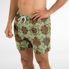 Our Mozaic Swim Shorts have an ornate mosaic tile print taking inspiration from church ceiling styles popular during the Byzantine Era and art of that period. this swimsuit offers a timeless design that pairs effortlessly with our matching shirts, flip flops, and swim briefs. Dive into summer in style - shop our collection today! These swim trunks are handmade after you order them. Please allow 2 weeks for delivery. This suit has a lot of stretch and is very size friendly. If you want a tighter Green Printed Swim Trunks For Summer, Bohemian Green Bottoms For Poolside, Green Bohemian Bottoms For Poolside, Colorful Patterned Summer Beach Bottoms, Colorful Patterned Bottoms For Beach And Summer, Green Printed Beachwear Swim Trunks, Green Printed Swim Trunks Beachwear, Green Printed Swim Trunks For Beachwear, Multicolor Bottoms With Geometric Pattern For Summer