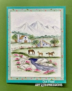 a card with horses in a field near a house and mountains on the side, which reads do not feed art 4 impressionss