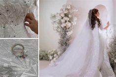 the bride is wearing a wedding dress made of white lace and sequins on it