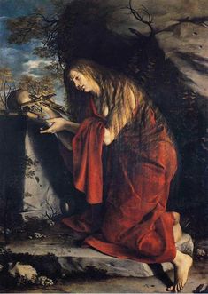 a painting of a woman with long hair and red dress kneeling down next to a tree