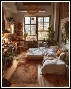 a living room filled with lots of furniture and decor on top of wooden flooring