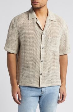 An airy open weave enlivens this boxy button-front shirt cut with abbreviated sleeves and a handy chest pocket. Front button closure Notched collar Short sleeves Chest patch pocket Semisheer 100% linen Dry clean Imported Casual Open Knit Button-up Tops, Casual Open Knit Tops For Work, Modern Beige Summer Shirt, Open Weave, Notched Collar, Button Front Shirt, Cut Shirts, Linen Shirt, Chest Pocket