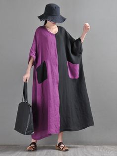 Styles: Holiday Material: Linen Clothing Length: Ankle-Length Sleeve Length: Half Sleeve Collar: Round Neck Decoration: Pocket Pattern: Bicolor Season: Summer #caftan #linen #plussize #purple Oversized Beach Dresses With Pockets, Black Beach Dress With Pockets, Plus Size Caftan, Summer Caftan, Beach Coverups, Maxi Dresses Online, Tunic Sewing Patterns, Purple Linen, Linen Clothing