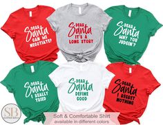 Dear Santa Group Christmas Shirts, Funny Matching T-Shirts, Christmas Family Shirts, Dear Santa Custom Shirts, Christmas Party Tops Every order is carefully handmade and processed by our small team the same day we ship out. Our processing time is 1-3 business days. We will try to rush any orders with an upgraded shipping. Price is per shirt, not as a set. ♥ HOW TO ORDER ♥ > Select the DESIGN/COLOR from the 1st drop-down menu. > Select the SIZE from the 2nd drop-down menu. > Then click ADD TO CART. > Repeat steps to add additional shirts to your cart. > Then click PROCEED TO CHECKOUT to purchase all together. > Add any notes for us in the NOTES TO SELLER box during checkout. > For faster delivery, please upgrade shipping before checking out. ** SHIRT FIT ** Our shirts are unisex sizes. If u Green T-shirt For Christmas Holiday, Group Christmas Shirts, Christmas Party Tops, Christmas Shirts Funny, Matching Christmas Outfits, Funny Matching, Matching T Shirts, Christmas Party Shirts, Funny Christmas Shirts