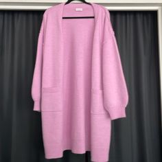 Cardigan Pink Oversized Open Front Cardigan, Pink Long Sleeve Cardigan For Daywear, Trendy Open Front Cardigan For Daywear, Soft Knit Sweater Coat For Spring Daywear, Trendy Long Sleeve Daywear Cardigan, Trendy Long Sleeve Cardigan For Daywear, Oversized Open Front Cardigan For Daywear, Spring Daywear Sweater With Pockets, Spring Sweater With Pockets For Daywear