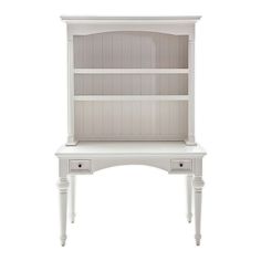 a white desk and hutch with drawers on it's sides, against a white background