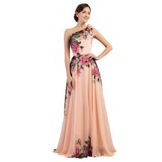 One Shoulder Long Printed Flower Evening Bridesmaid Dress - Uniqistic.com Strapless Floral Print Evening Dress For Summer, Summer Strapless Evening Dress With Floral Print, Off-shoulder Chiffon Maxi Dress For Wedding, One Shoulder Chiffon Maxi Dress, Pink One-shoulder Maxi Dress For Prom Season, Pink One Shoulder Maxi Dress For Prom, Pink One-shoulder Maxi Dress For Prom, Sleeveless One Shoulder Dress For Wedding Guest, Floral Print Summer Evening Dress For Banquets