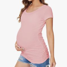 Side Ruched, Stretchy Material T-Shirt Top , The Color Is Pink Rose , Length 27” Bust 38” With Some Stretch Spring Short Sleeve Tops, Bump Friendly, Fitted Short Sleeve Tops For Maternity Wear, Spring Short Sleeve Bump-friendly Tops, Fitted Short Sleeve Maternity Top, Bump-friendly Short Sleeve Tops For Spring, Spring Bump Friendly Short Sleeve Tops, Bump Friendly Scoop Neck Tops, Fitted Nursing Friendly Cotton Top, Nursing Friendly Fitted Short Sleeve Tops