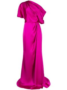 a pink gown with one shoulder draped over it