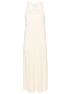 vanilla white stretch-design crepe texture round neck sleeveless racerback side slits flared hem mid-length Chic Cream Sleeveless Slip Dress, Sleeveless Summer Dresses With Minimal Stretch, Sleeveless Beige Slip Dress Bias Cut, Sleeveless Bias-cut Beige Slip Dress, Sleeveless Bias Cut Beige Slip Dress, Off White Sleeveless Evening Midi Dress, Off White Sleeveless Midi Dress For Evening, Sleeveless Beige Maxi Dress With Side Slits, White Midi Dress With Side Slits