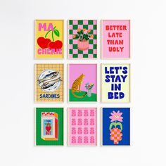 six different greeting cards with the words let's stay in bed