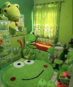 a green room with stuffed animals and toys