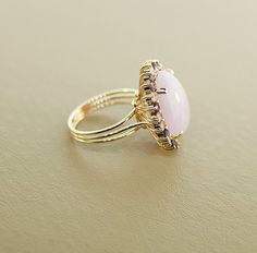 Bold and Beautiful Vintage Lavender Jadeite Ring with Diamonds and Amethyst Purple Cabochon Amethyst Wedding Ring, Wedding Amethyst Cabochon Ring In Fine Jewelry Style, Elegant Kunzite Ring For Anniversary, Wedding Cabochon Amethyst Ring In Fine Jewelry Style, Amethyst Cabochon Ring For Wedding, Cabochon Amethyst Ring For Wedding, Elegant Handmade Yellow Gold Amethyst Ring, Handmade Elegant Oval Amethyst Ring, Elegant Handmade Oval Amethyst Ring