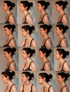 multiple pictures of a woman's face with various angles and hair in the middle