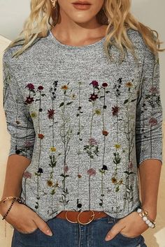 Floral Print Crew Neck T-Shirt, Casual Long Sleeve T-Shirt For Spring & Fall, Women's Clothing Casual Gray Tops With Floral Print, Casual Gray Floral Print Tops, Gray Printed Tops With Relaxed Fit, Gray Printed Top With Relaxed Fit, Gray Long Sleeve T-shirt For Summer, Crew Neck Printed Tops For Fall, Gray Crew Neck Top For Spring, Gray Letter Print Tops For Spring, Fall Printed Crew Neck T-shirt