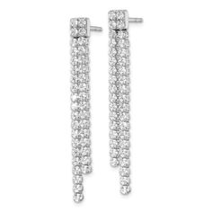 Rhodium over 14K white gold polished dangle earrings with 1.85 cttw round lab grown diamonds of SI1/SI2 clarity and G-H-I color grade. Measures approximately 1 9/6"L x 3/16"W and have friction post and push back clasps. Classic White Gold Diamond Crystal Earrings, Dazzling Diamond Dangle Earrings With Accents, Classic White Gold Crystal Earrings With Diamond Accents, Sparkling White Gold Diamond Crystal Earrings, Brilliant Cut Crystal Drop Diamond Earrings, White Gold Diamond Crystal Earrings, Dazzling White Gold Sparkling Earrings, Sparkling White Gold Drop Earrings, Dazzling Sparkling White Gold Earrings