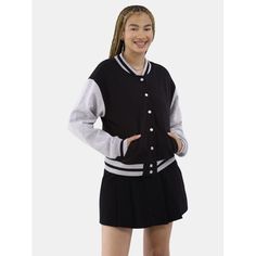 Be true to your cool. This No Boundaries Varsity Jacket features a snap button closure and contrast sleeves with classic yarn-dyed stripes at the ribbed knit collar, cuffs and hembringing back all the old school vibes. Two side pockets hold your favorite things as you pair this varsity jacket with jeans or a skirt, sneakers or boots. Congrats, youve made the fashion honor roll. Only at Walmart. Size: M.  Color: Black.  Gender: female.  Age Group: adult. Black Varsity Jacket For College With Button Closure, Black Varsity Jacket With Button Closure For College, Winter Cotton Varsity Jacket With Button Closure, Long Sleeve Varsity Jacket With Button Closure For College, Black Collared Casual Sweatshirt, Casual Black Collared Sweatshirt, Casual College Varsity Jacket With Ribbed Cuffs, Casual Varsity Jacket With Ribbed Cuffs For College, Black Long Sleeve Varsity Jacket For College