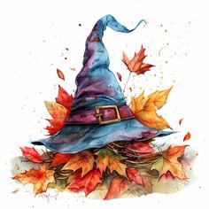 a watercolor painting of a wizard's hat on top of autumn leaves and falling leaves