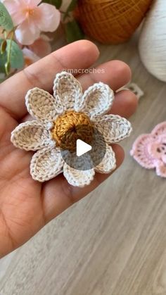 crocheted flower being held by someone's hand with flowers in the background