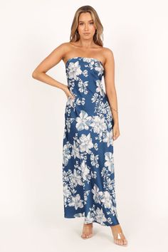 Gemma Strapless Maxi Dress - Blue Floral Satin Dresses Long, Satin Dresses Long Sleeve, Midi Dress Blue, White Dress Shoes, Resort Dresses, Essential Dress, Usa Dresses, Statement Dress, Strapless Maxi