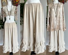 Beige Linen Ruffle Bloomer Pants Beige Linen Pantaloons - Etsy Bloomer Pants, Funky Clothes, Ruffle Bloomers, Cotton Linen Pants, Cotton Slip, Womens Trousers, Embroidered Pants, Altered Couture, Vintage Crop Tops