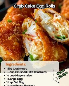 an advertisement for crab cake egg rolls on a black plate with green onions and shredded cheese