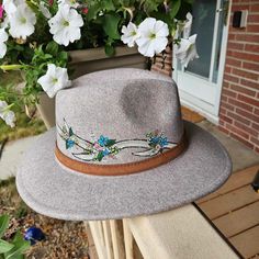 Hand Painted Floral Antler Grey Adjustable Wool Felt Fedora Hat Hand Painted Fedora Hats, Adjustable Felt Fedora Hat Bands, Adjustable Felt Hat Band For Fedora, Bohemian Adjustable Felt Hat, Adjustable Felt Fedora, Artisan Adjustable Felt Hat For Winter, Adjustable Felt Fedora Hat, Adjustable Felt Hat, Bohemian Felt Fedora Hat