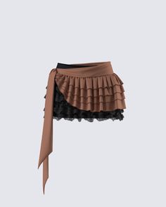 Ruffling some feathers in the sweetest way possible 😌 Embody flirty and fun energy in this black A-line mini skirt complete with five tiers of lace ruffles, a detachable brown ruffle sash, and an elastic waistband 🤎 Tiered Mini Skirt With Ruffle Hem For Party, Party Tiered Mini Skirt With Ruffles, Elegant Tiered Ruffle Mini Skirt, Fitted Brown Tiered Mini Skirt, Brown Tiered Ruffle Skirt, Brown Ruffled Tiered Mini Skirt, Brown Ruffled Mini Skirt, Brown Ruffled Skirt, Layered Ruffle Skirt