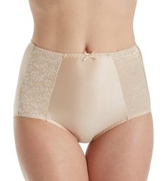 These fabulous high rise briefs have a no ride-up design and a silky soft feel with a beautiful, lustrous finish and a smooth look under your clothing. Sewn-on picot-edged elastic along waist and leg openings maintains a custom fit. Bow at center front of waist. Stretch knit body has a light shiny finish. Floral-patterned lace insets at front sides. Cooling and wicking properties keep you dry and comfortable. High rise. Brief provides full rear coverage. Smooth, seamless rear with no ride-up. Ta Elegant Solid Bottoms With Contoured Waistband, Stretch Satin Finish Brief Bottoms, Elegant Full Coverage Shapewear With Contoured Waistband, Elegant Beige Smoothing Bottoms, Beige Full Coverage Smoothing Bottoms, Elegant Solid Shapewear With Contoured Waistband, Beige Smoothing Full Coverage Bottoms, Fitted Satin Finish Bottoms, Elegant Beige Short Length Shapewear