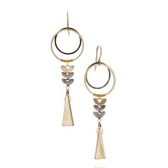 Metal Earrings - Architectural design inspired by the gold jewelry and decorative aesthetic of ancient Egypt. Two overlapping circles of blackened steel and hypoallergenic brass suspend the lower elements with a signature wire wrapping technique.  A set of three unique and custom designed semi-circle shapes form a linear capstone to the elongated triangle that balances out the design for a captivating look. French hook-style ear wires. Nickel-free components. Elegant Brass Hoop Earrings With Oxidized Finish, Elegant Oxidized Brass Hoop Earrings, Elegant Gold Hoop Earrings With Oxidized Finish, Yellow Gold Metal Chandelier Earrings, Contemporary Hand Forged Gold Jewelry, Contemporary Metal Hoop Earrings For Pierced Ears, Gold Fusion Earrings With Oxidized Finish, Contemporary Hand Forged Metal Earrings, Contemporary Brass Jewelry With Matching Earrings