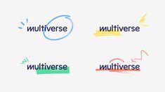 four different types of logos with the word multiverse written on them, all in different colors