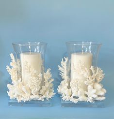 two clear glass vases with white coral and candle holders on blue tablecloth background