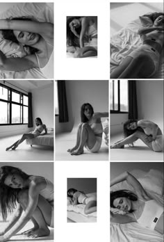 black and white photos of women laying on the bed in different positions, from top to bottom