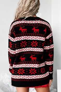 100% ACRYLIC Model Wearing Size S/M Color: Black, Red, White Sweater Knit Snowflake & Reindeer Pattern V-Neck Long Sleeve Loose/Slightly Oversized Fit Sweater Has Stretch 18" Armpit To Sleeve End 19" Armpit To Hemline For Model Size Specs Please Check Size Charts Launched: 11/8/23 Christmas Black Crew Neck Sweater, Casual Christmas Crew Neck Cardigan, Black Holiday Sweater For Winter, Casual Black Christmas Sweater, Black Casual Cardigan With Fair Isle Pattern, Holiday Black Long Sleeve Sweater, Casual Black Cardigan With Fair Isle Pattern, Black Nordic Sweater For Fall, Nordic Style Black Sweater For Fall